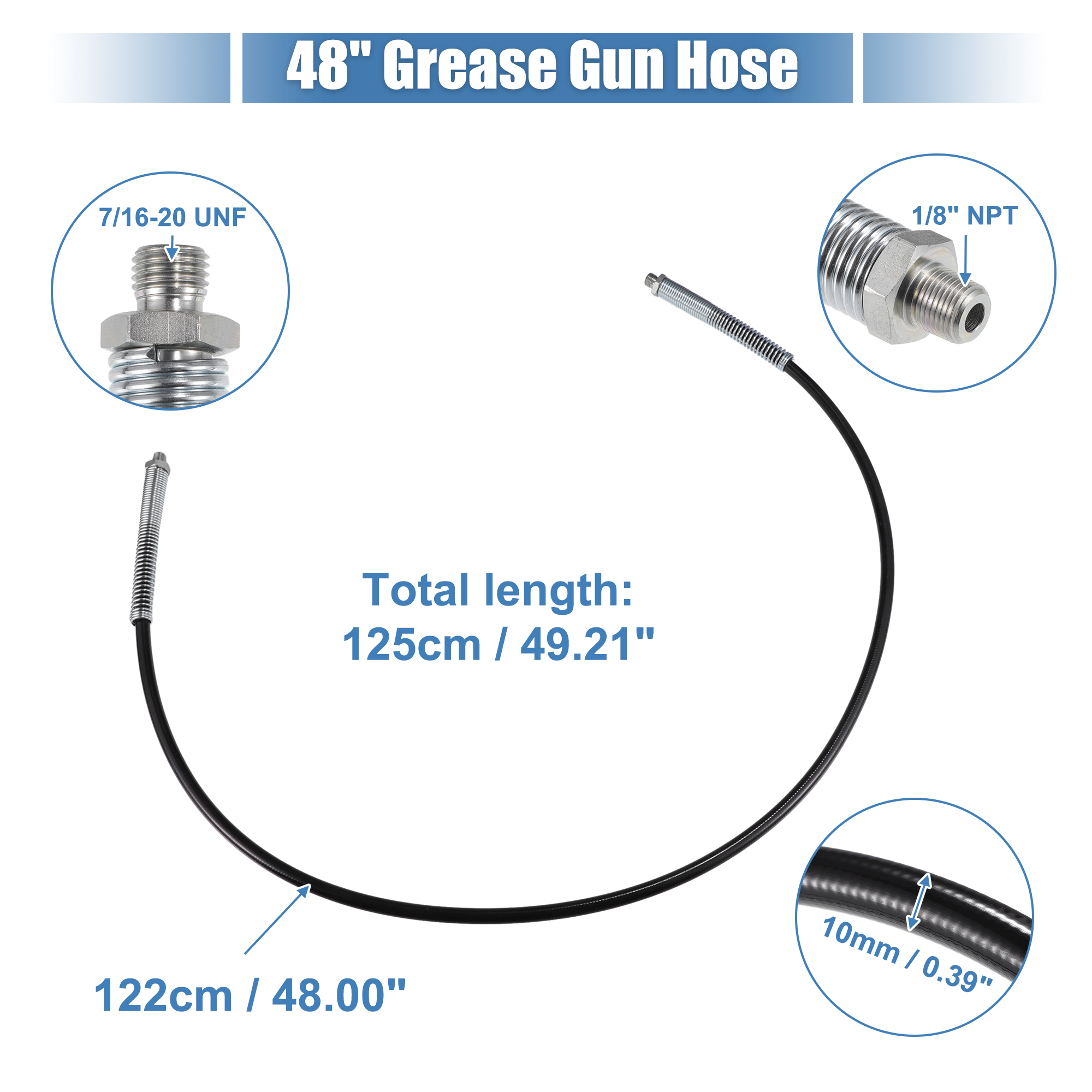 Unique Bargains Universal 10000psi 48" Car Grease Gun Flex Hose Extension Non-Slip Black