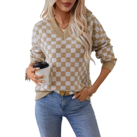 Women'S Cropped Plaid Sweater V-Neck Long Sleeve Crop Sweater Pullover Jumper Knit Top Khaki S