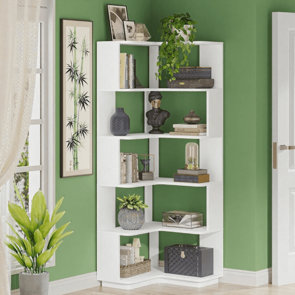 L-Shaped Corner Bookshelf, 6-Tier Anti-Falling Baffle Design, Modern Storage for Living Room, Bedroom, Office