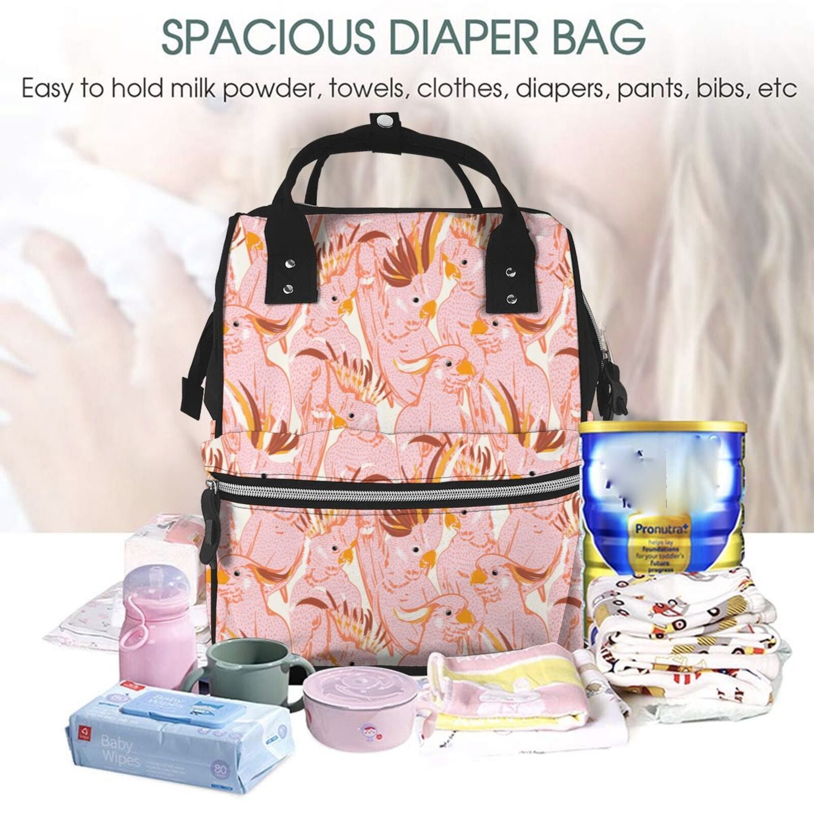 Ratiio Pink Cockatoo Birds Mummy Backpack - Waterproof Twill Canvas, Large Capacity Diaper Bag with Multiple Pockets and Adjustable Straps