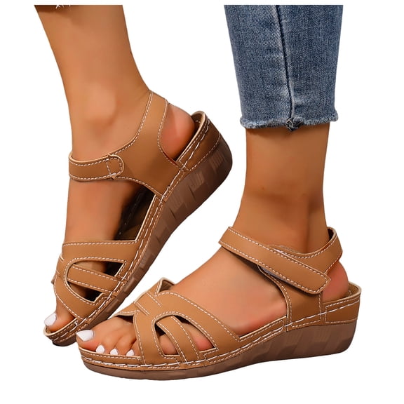 Walking Sandals for Women Trendy Crooss Strappy Open Toe Wedges Comfy Arch Support Orthopedic Shoes Ankle Strap Summer Heels Brown Size 7.5