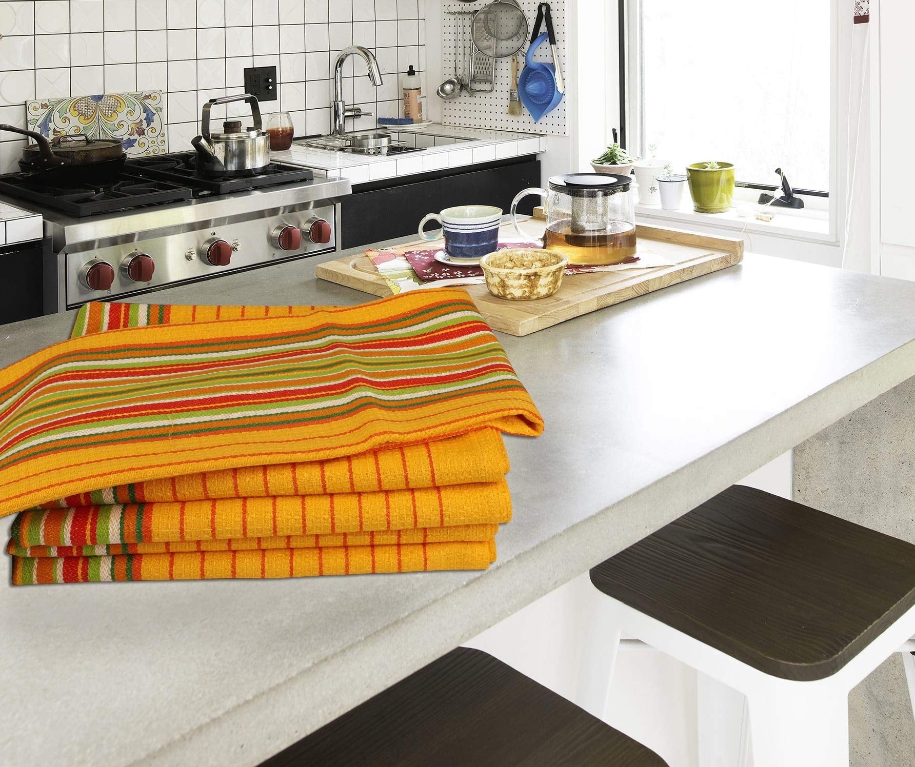 Urban Villa Kitchen Towels Waffle Stripes Dish Towels for Kitchen Mustard Color Set of 6 Kitchen Towels Highly Absorbent 100% Cotton Over Sized 20X30 in with Mitered Corners Kitchen Hand Tea Towels