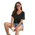 thumbnail image 3 of Women Casual Short Sleeve Tops T Shirts Summer Fashion Solid Tee V Neck T Shirt Rolled Sleeve Side Split Tops, 3 of 9