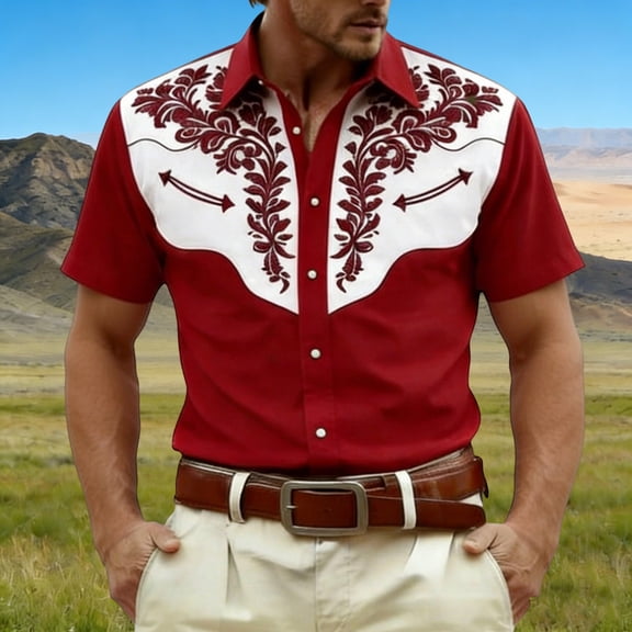 HOWPAY Oversized Shirts for Men Short Sleeve Button up Western Cowboy Print T Shirts Beach Vacation Casual Regular Fit Soft Summer Clothes Red XXL