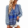 thumbnail image 1 of Blusa de manga larga con escote en V y estampado floral con cordón - Corte holgado para primavera/otoño - Azul L, 1 of 8