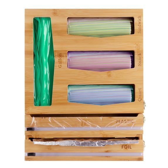 Ziplock Bag Storage Organizer with Plastic Wrap Dispenser for Kitchen Drawer, Bamboo Baggie Organizer for Gallon, Quart, Sandwich and Snack, Aluminum Foil and Wax Paper Holder Compatible with 12" Roll
