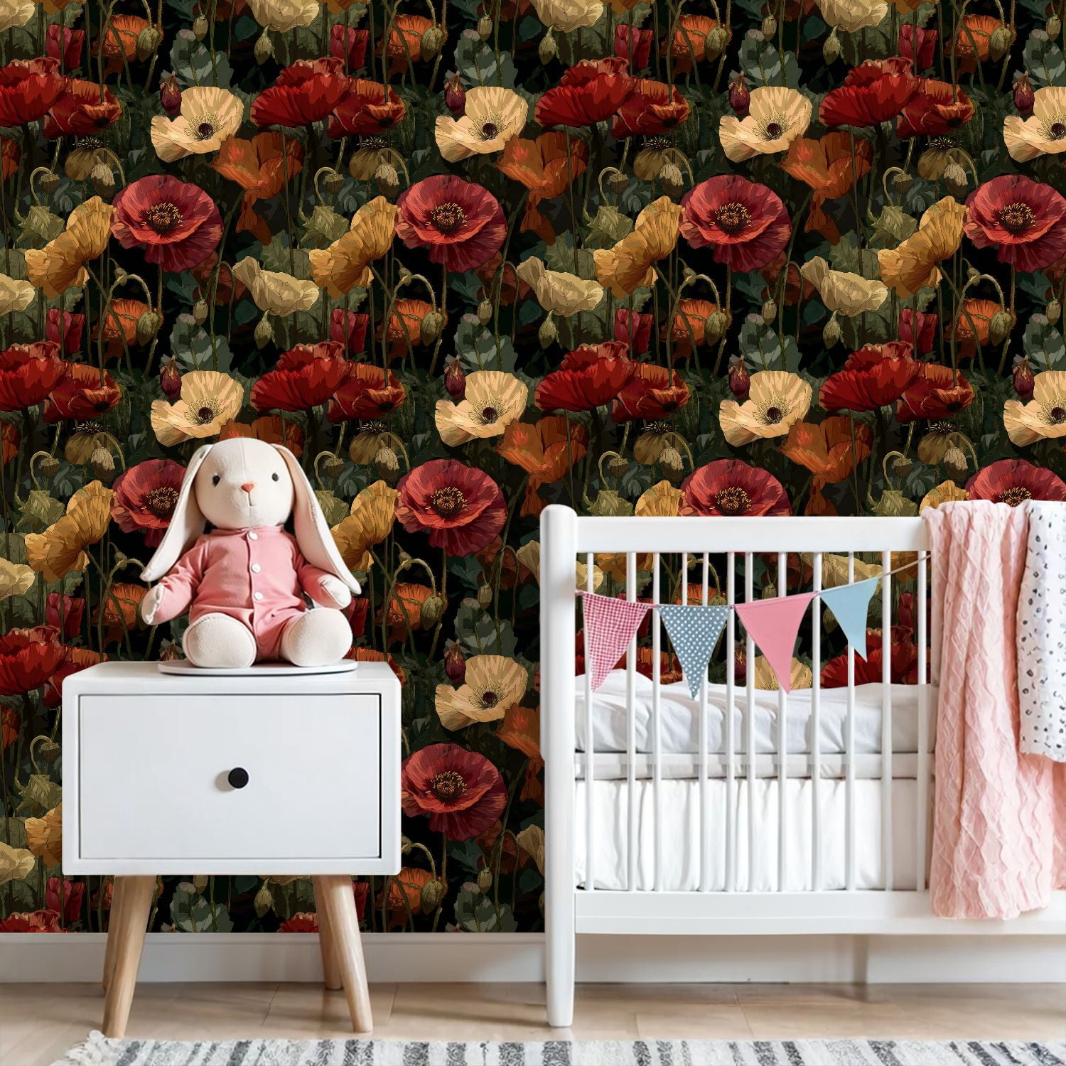 Vintage Peel and Stick Wallpaper Lush Garden Poppies 3D Petal Veins Soft Shadows Wall Mural 23.6in x 9.8ft Self Adhesive Removable Wall Paper Floral Contact Paper for Nursery Bedroom Cabinets