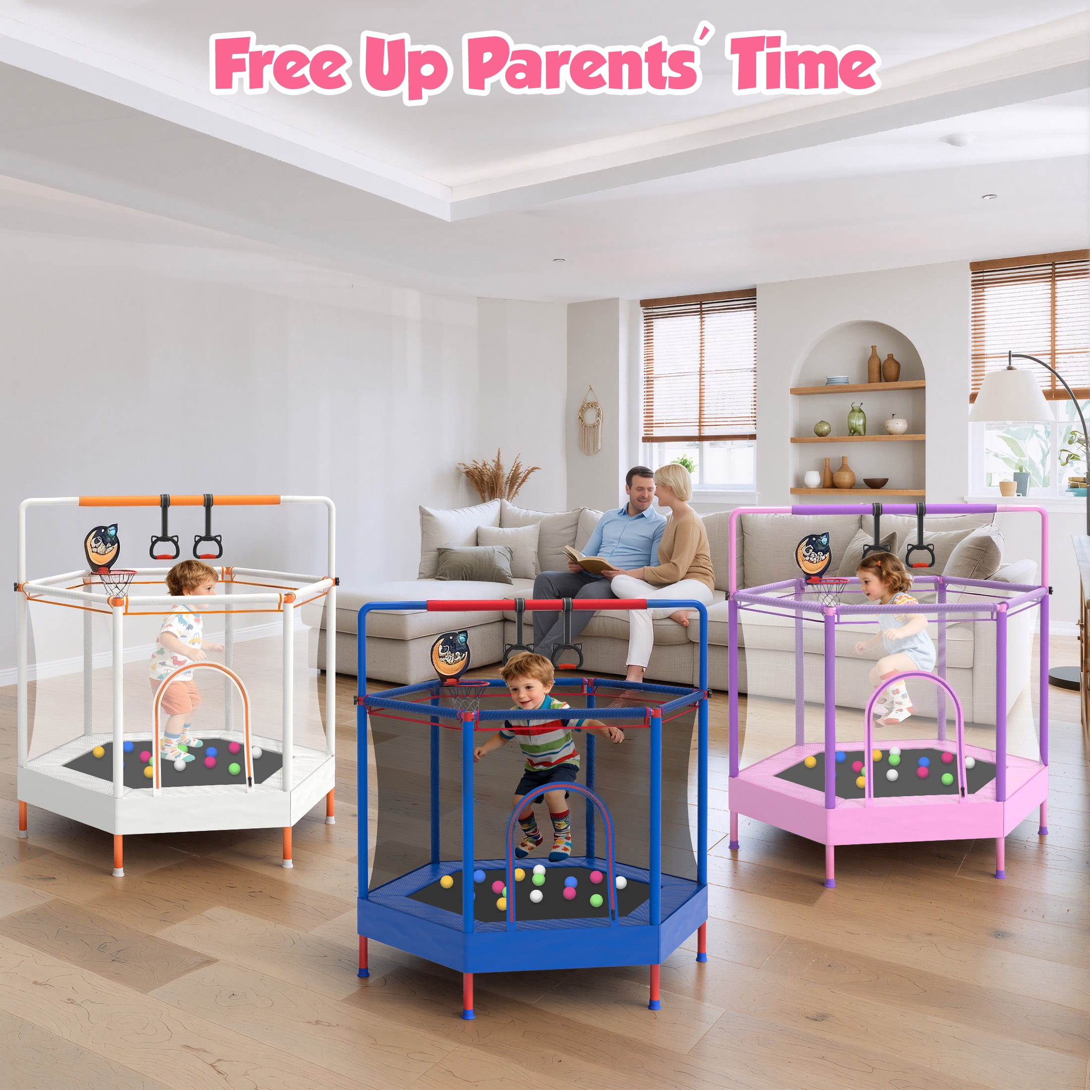 60" Mini Trampoline for Kids with Enclosure, Shinpt Indoor & Outdoor Toddler Trampoline, Upgrade Full Anti-Rust Tube with Adjustable Gymnastics Bars, Small Trampoline for Boys & Girls