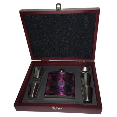 

KuzmarK 6 oz. Stainless Steel Flask Set in Rose Wood Presentation Box - Paisley Pretty Painting