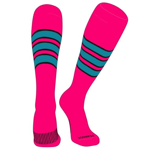 PEAR SOX Striped OTC Baseball, Softball, Football Socks (C) Hot Pink, Black, Marlin Teal (XS)
