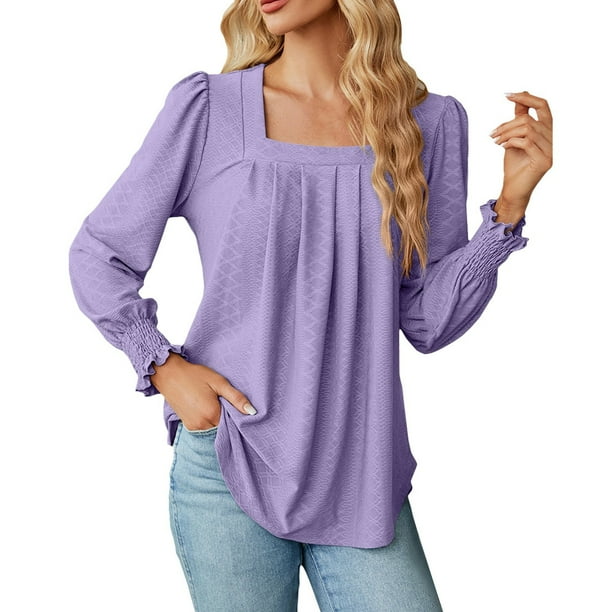 Blusa de mujer con cuello cuadrado y mangas abullonadas - Top informal con pliegues en la parte delantera - Rayón/poliéster/spandex - S-XXL - Trabajo/cita/salida nocturna