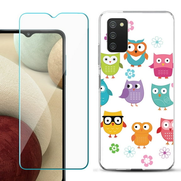 Slim-Fit TPU Fashion Phone Case for Samsung Galaxy A03s, with Tempered Glass Screen Protector, by OneToughShield ® - Happy Owl
