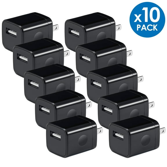 AFFLUX 10-PACK USB Wall Charger, 1A/5V 1-Port USB Wall Plug Travel Charging Adapter Compatible with iPhone 6 / 7 / 8 / X / XR / 11 / 12 / 13, Samsung Galaxy S8, S9, S10, A90, Universal, Full Black