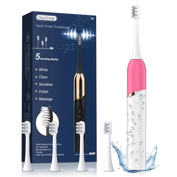 OasiSmile Sonic Electric Toothbrush for Adults, Patented Design 50000 VPM Deep Clean 5 Modes 120-Day Battery Rechargeable Travel Toothbrush with 4 Soft Brush Heads, Red
