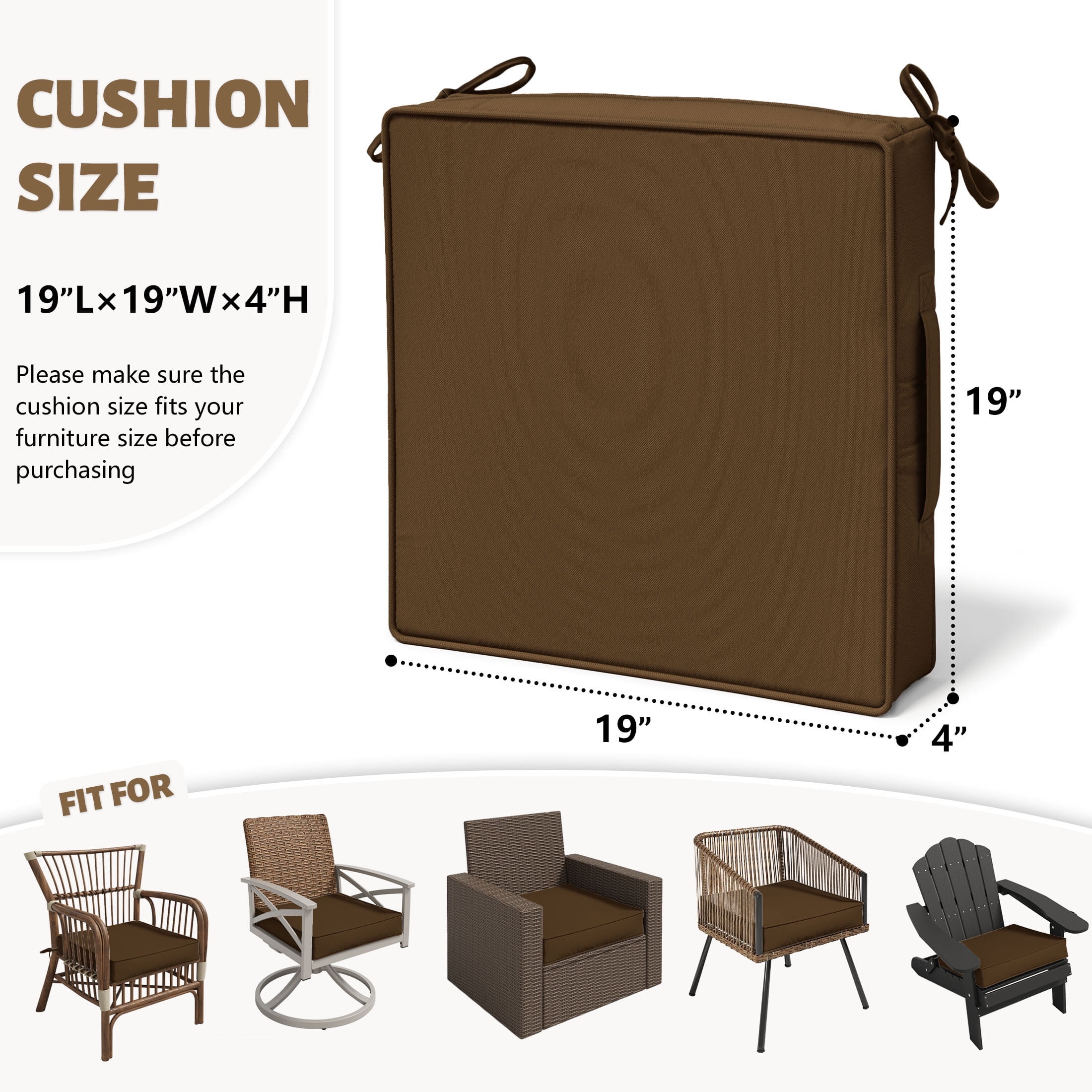 Kimunuk 4 Pack Outdoor Chair Cushions, 19" x 19" Waterproof Outdoor Seat Cushions Couch Pads with Ties & Handle for Patio Furniture, Chocolate