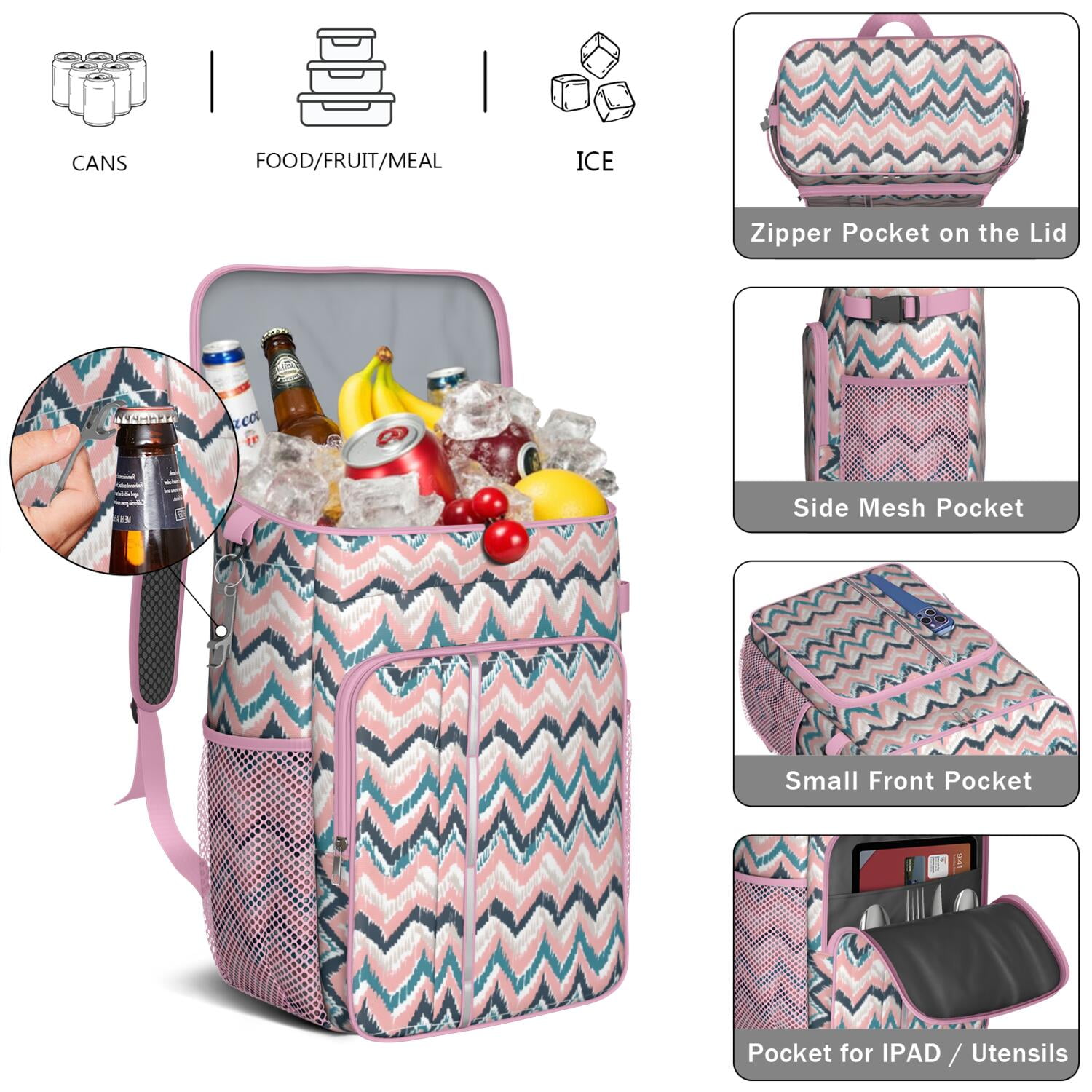 Travel Cooler Bag - Boho Bohemia Pioneer Flower Geometric Line Art Camping Beer Cooler Backpack with Bottle Opener- Waterproof Insulated Picnic Backpacks - Cooler Bag for Beach
