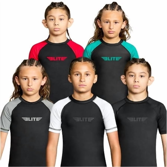 Elite Sports Rash Guards pour Garçons et Filles Manches Courtes Compression BJJ Enfants et Jeunes Maillot Dermoprotecteur (Noir Large)