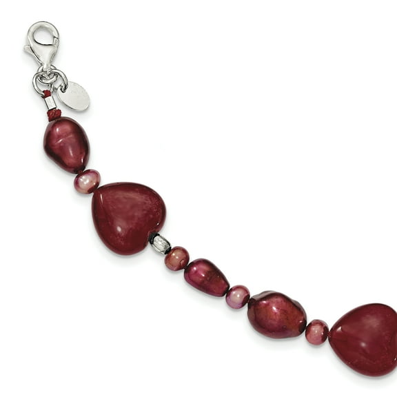 Sterling Silver Red Jade Hearts/Freshwater Cultured Pearl Bracelet