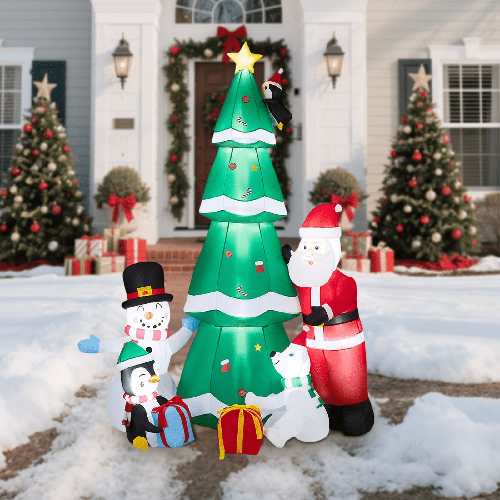 Astoutdoor 7.5 ft Lighted Christmas Inflatable Decoration, Inflatable Christmas Tree with Santa and Snowman, Blow Up Yard Decoration with Built-in LED Lights for Front Yard Lawn Garden Decor