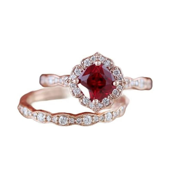 HeartsAndYou 1.5ct Natural Red Garnet Floral Bridal Set Engagement Ring 14k SOLID Rose Gold