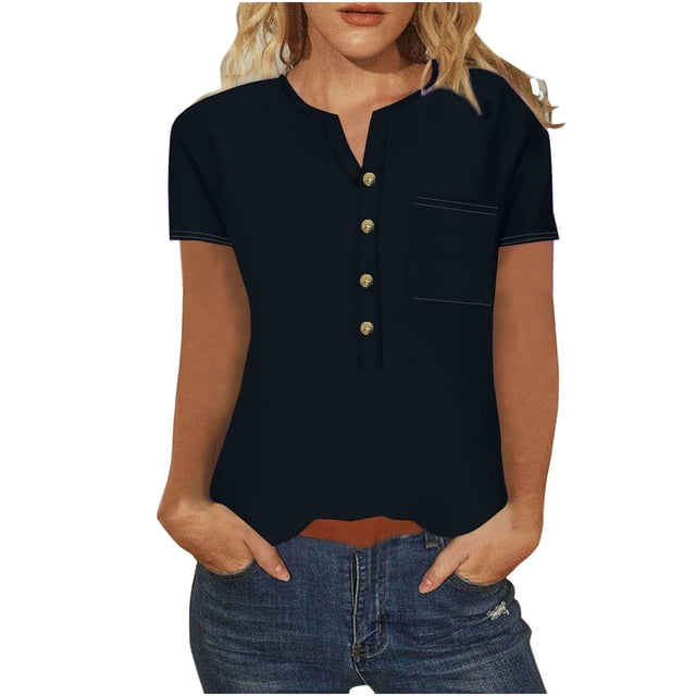 Timegard Tops for Women Summer Short Sleeve Notched V-Neck Button Comfy Casual Tunic Tops with Pocket