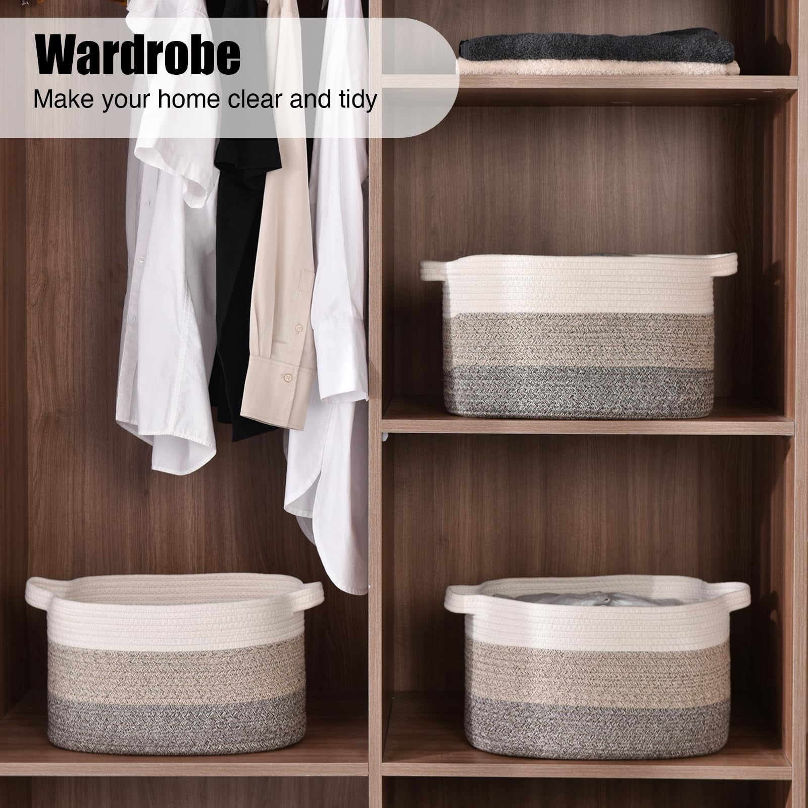 3PCS Large Woven Cotton Rope Storage Basket With Handles - 15"x10"x9.5" Decorative Organizer for Toys, Books, Living Room - Gradient Brown