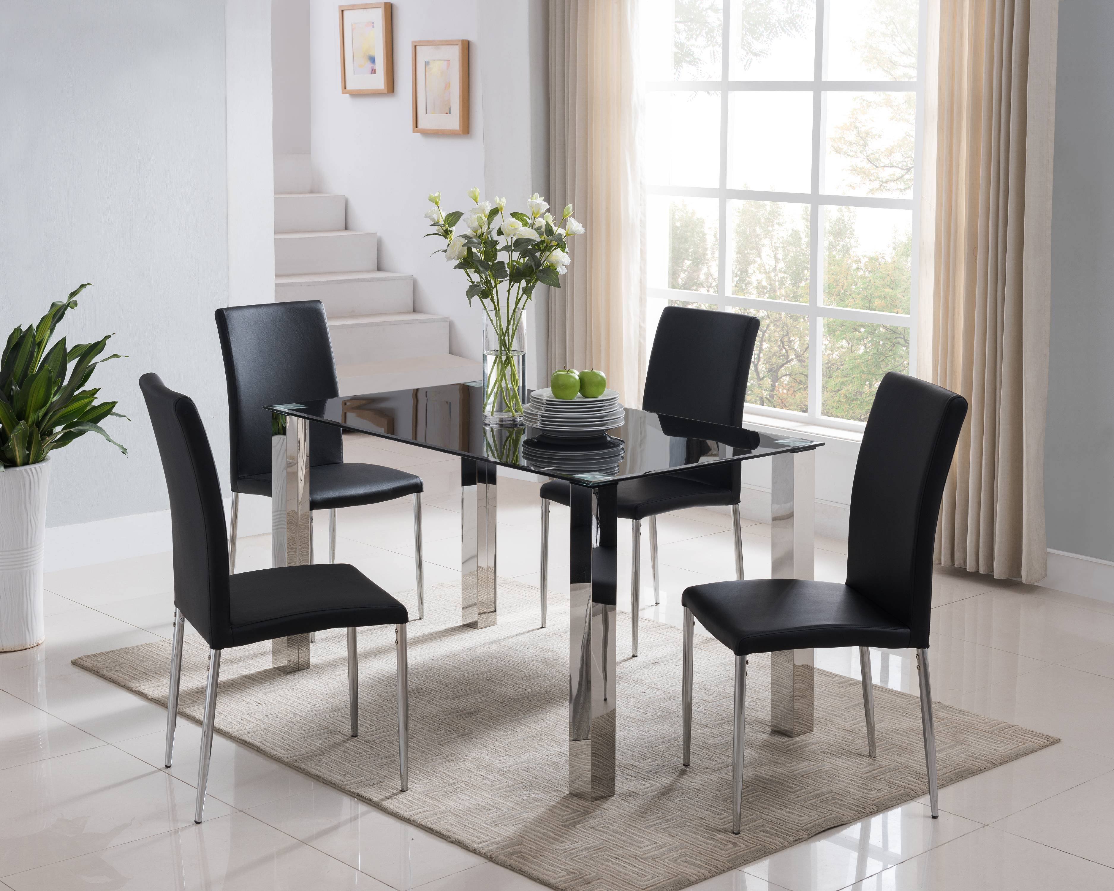 Leina 5 Piece Kitchen Dining Set Chrome Metal Black Tempered