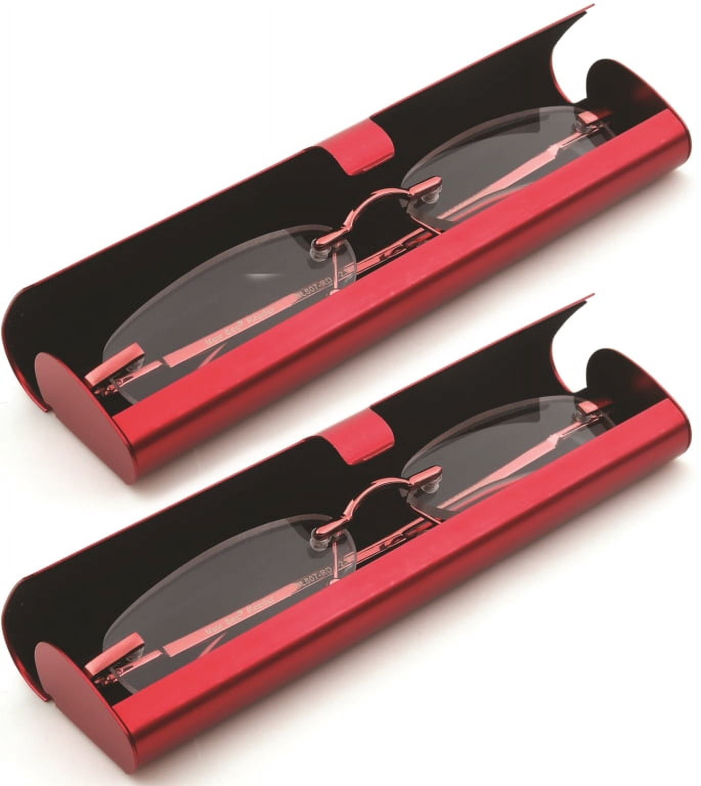 Newbee Fashion-Portable Compact Reading Glasses in Aluminum Case Metal Rectangle Rimless Reading Glasses Super Lightweight Reader Slim Design Comfort Fit 2 Pack Red 3.00