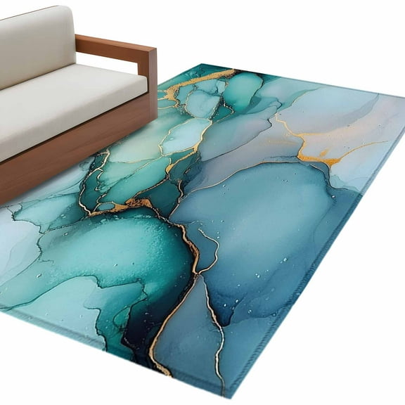 Turquoise Gold Marble Area Rug 3x5 FT, Non Slip Entryway Bedside Carpet, Abstract Teal Modern Geometric Washable Soft Floor Carpet Indoor Mat Non-Shedding Throw Rug for Dorm Kitchen Home Office