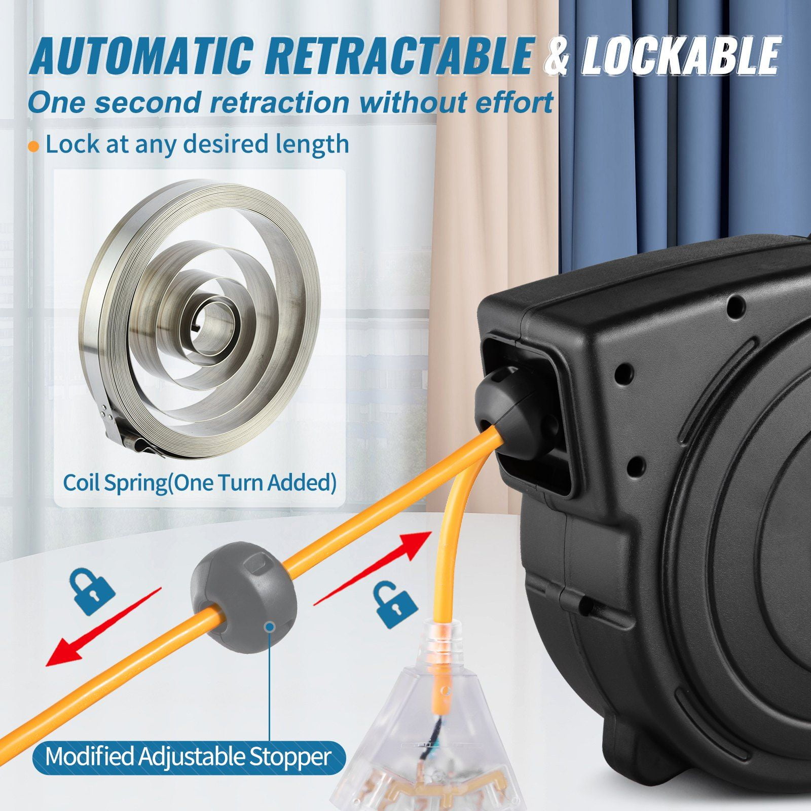 Retractable Extension Cord Reel 50FT 14AWG/3C SJTOW Cable with Lighted Triple Tap, 13A Circuit Breaker, Auto Retract, 180° Swivel Wall/Ceiling Mount, UL Certified, Indoor/Outdoor Power Supply Use