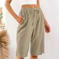 thumbnail image 6 of Huankd Bermuda Shorts For Women Linen Shorts Knee Length Elastic Waist Long Shorts Casual Summer Shorts Petite Capri Pants Dressy Beach Comfy Pull On Shorts With Pockets Khaki S, 6 of 8