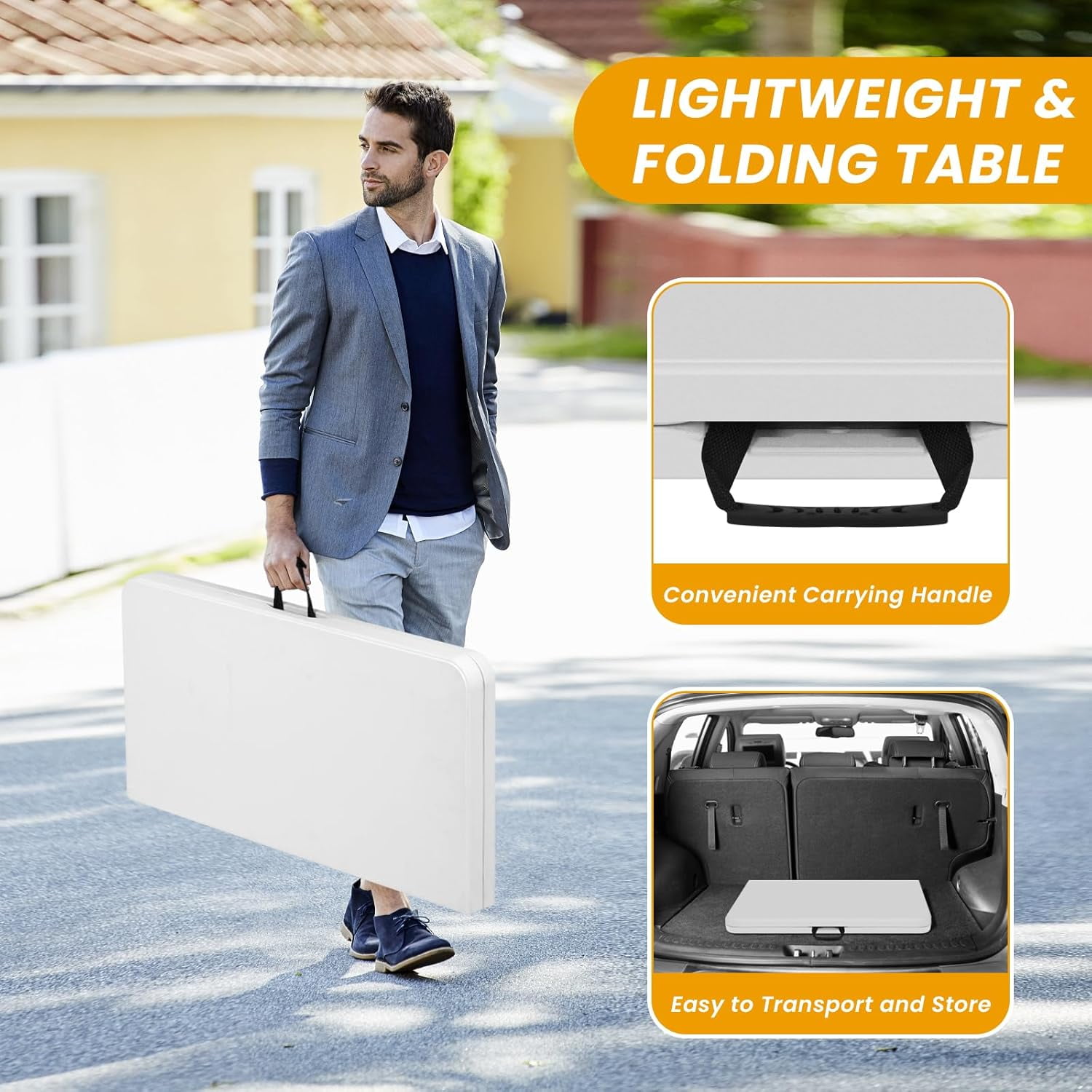 Dkelincs 34" Square Folding Card Table with Handle, Portable Plastic Foldable Table for Dining, Camping, Party, Picnic(White)