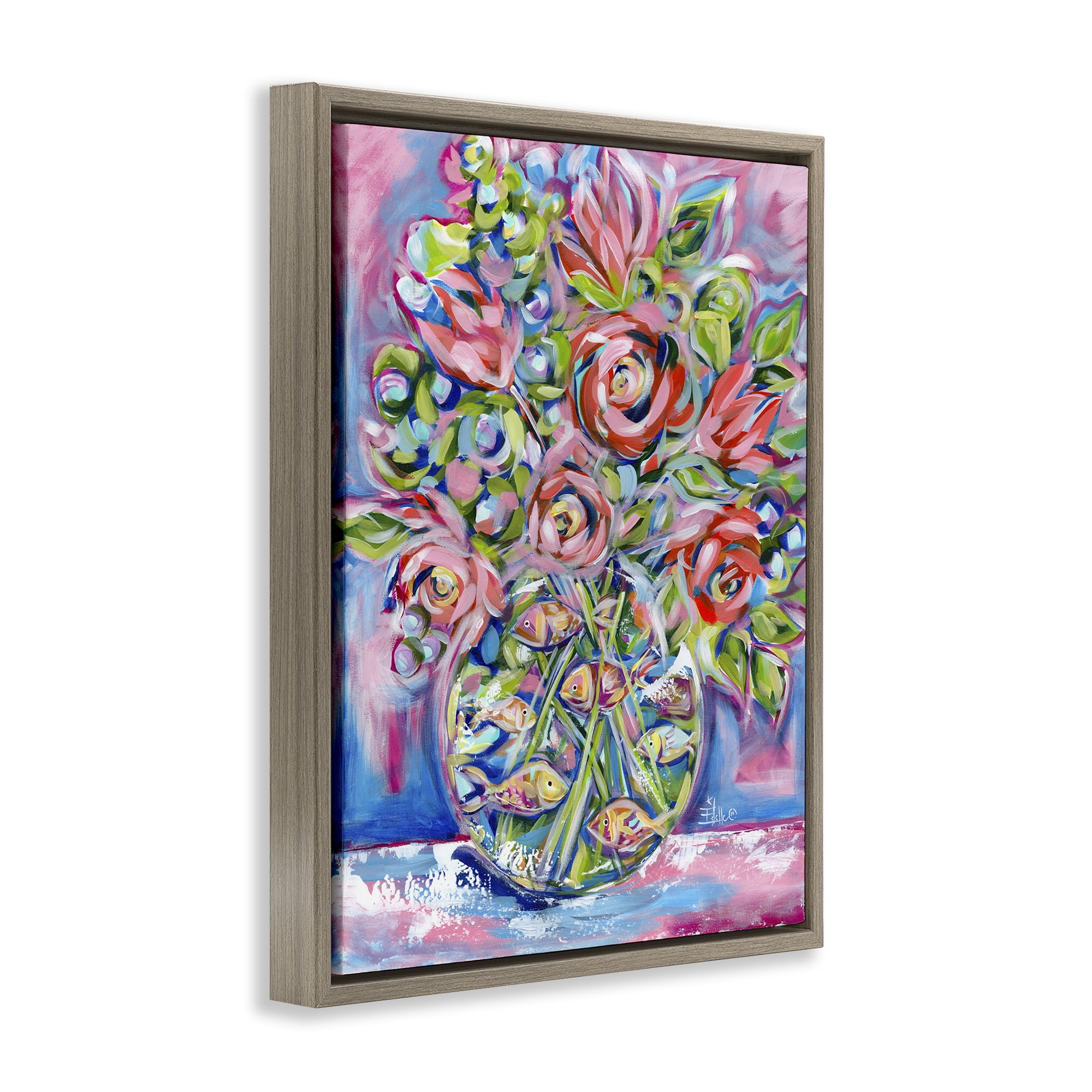 Stupell Industries Roses & Goldfish Vase Botanical & Floral Painting Brown Floater Framed Art Print Wall Art, 17 x 21