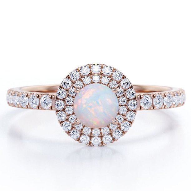 JeenMata Anillo de Compromiso de 1,75 Quilates con Ópalo Australiano de Corte Redondo y Moissanita, con Doble Halo y Engaste Pavé, Chapado en Oro Rosa de 18 K sobre Plata