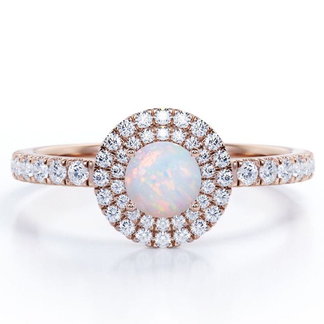 JeenMata Anillo de Compromiso de 1,75 Quilates con Ópalo Australiano de Corte Redondo y Moissanita, con Doble Halo y Engaste Pavé, Chapado en Oro Rosa de 18 K sobre Plata