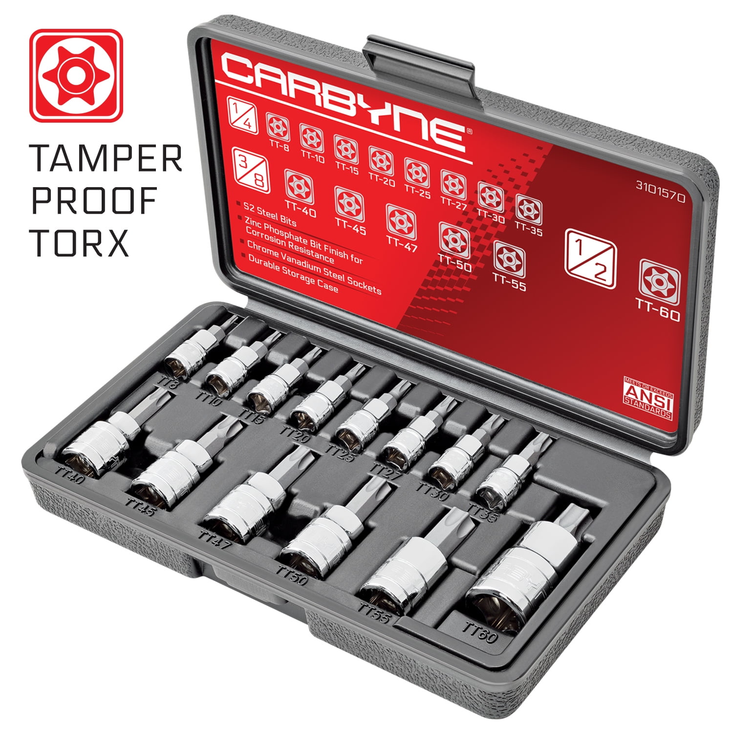 CARBYNE 14 Piece Tamper Proof Torx Bit Socket Set, T8 to T60 Sizes, S2 Steel Bits, CRV Sockets