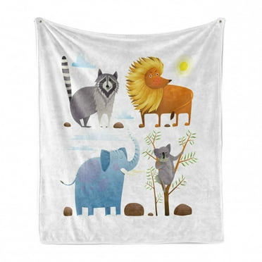 Cartoon Soft Flannel Fleece Throw Blanket, Exotic Animals Lion Raccoon and Koala Watercolor Design, Cozy Plush for Indoor and Outdoor Use, 50" x 70", Multicolor, by Ambesonne