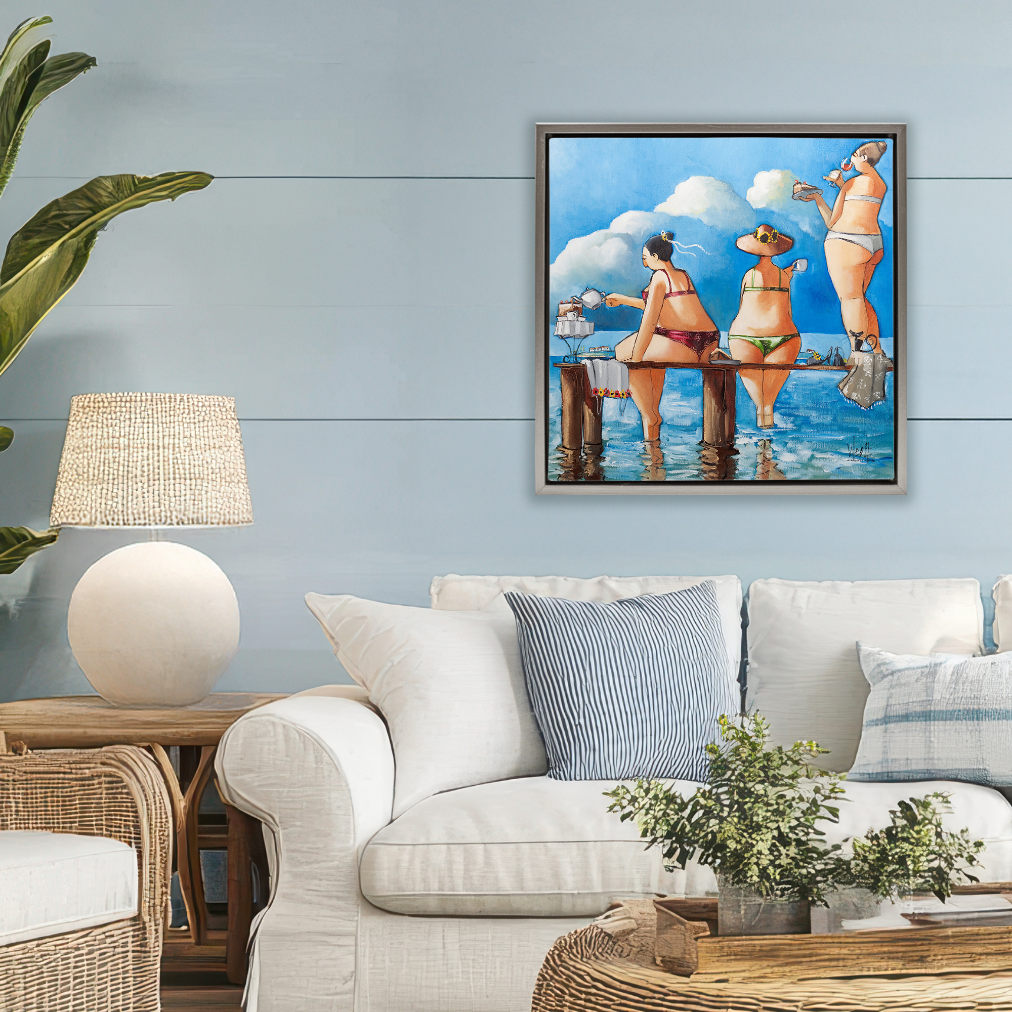 Tea Break On The Jetty Gray Framed Floater Canvas Wall Art, design by Ronald West