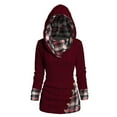 thumbnail image 3 of BLVB Women's Cable Knit Plaid Patchwork Hooded Sweater Mock Button Ruched Knit Top Pullover Sweatshirts Fall Outfits, 3 of 6