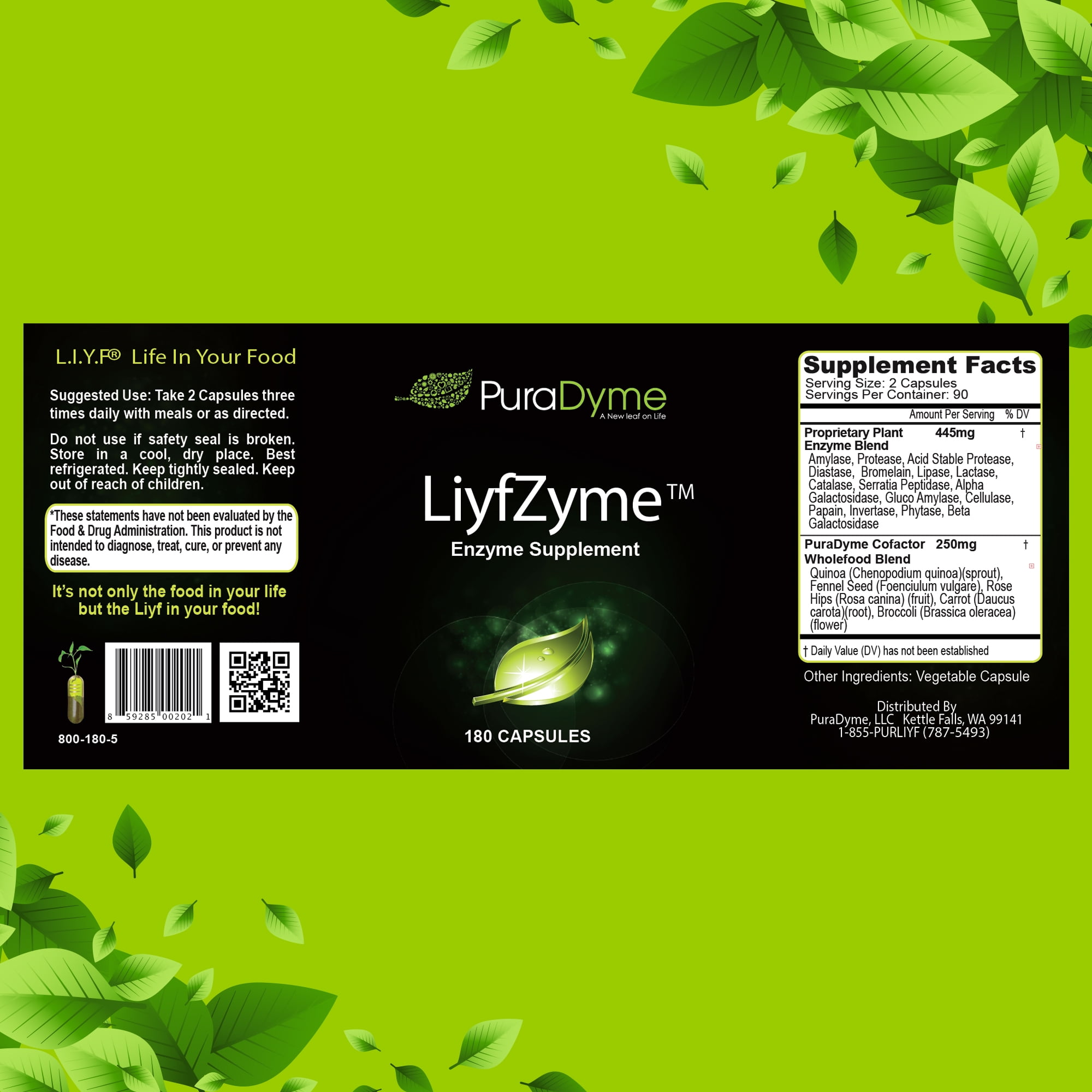 PuraDyme LiyfZyme Plant-Based Digestive Enzyme, Digestive Health Support (500 Ct)