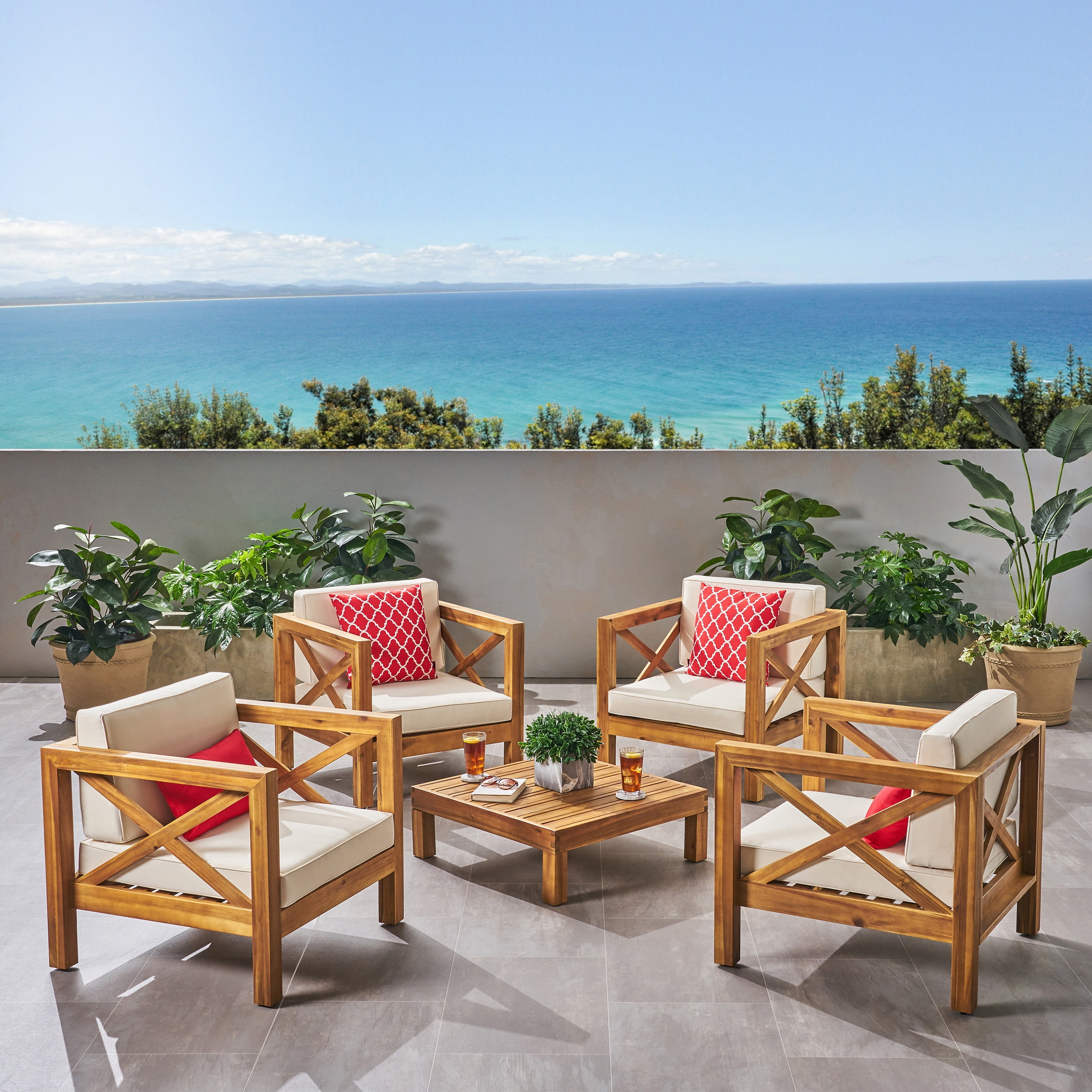 Elisha Outdoor 4 Seater Acacia Wood Club Chair and Coffee Table Set, Teak and Beige