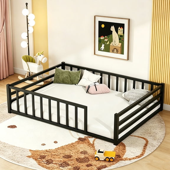 Bellemave Full Size Montessori Floor Bed with Rails, Metal Low Profile Toddler Bed Frame with Slats, No Box Spring Needed (Black)