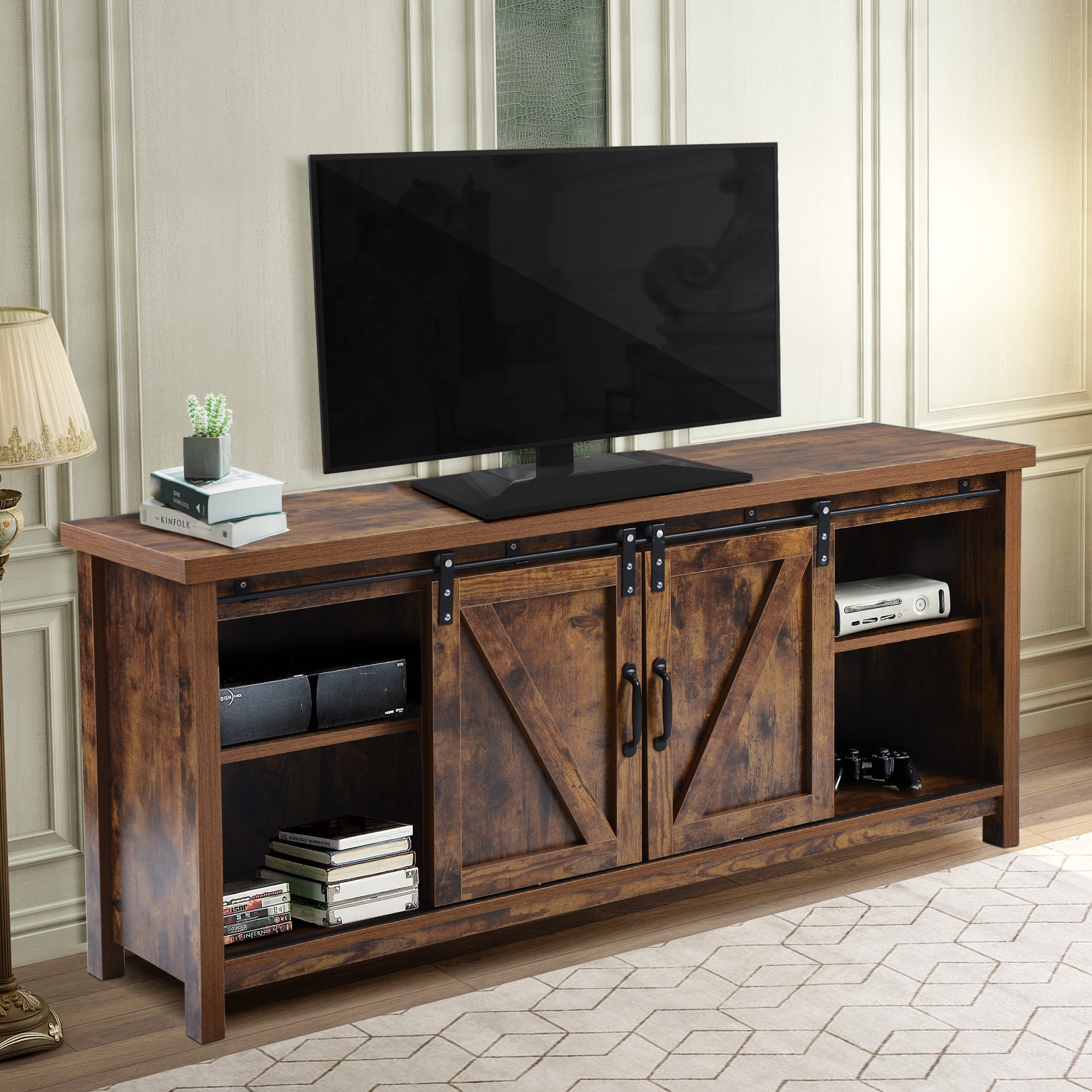 Farmhouse TV Stand Television Entertainment Center Wood Media Console Cabinet