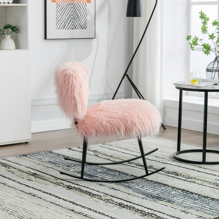 Modern Fluffy Rocking Chair Wide Pad Accent Glider Chair Comfy Fuzzy Chair for Vanity Upholstered Pad Chair and Stool for Living Room Bedroom
