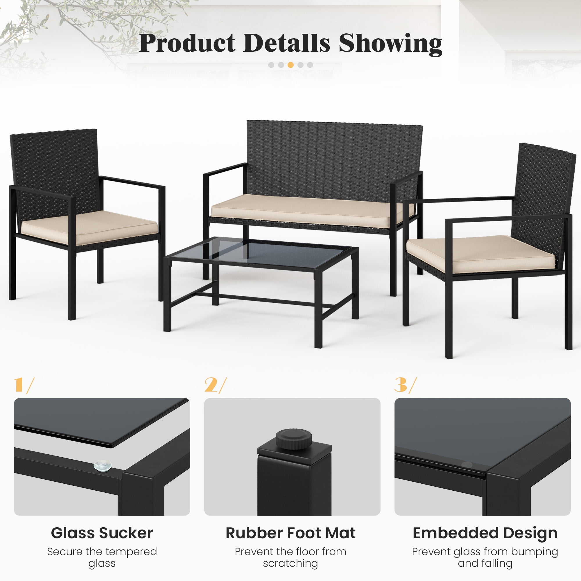 ELPOSUN Patio Furniture Sets for 4, 4 Pieces Patio Comversation Set with Glass Coffee Table,for Backyard Balcony Lawn Pool,Black/Beige