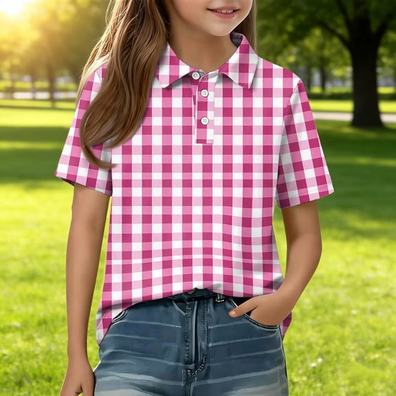 CCRFTGI Polo Shirts for Kids Girls Size 10-12 Plaid Shirt Polo Shirts Uniform Summer Tops Athletic Tennis Lapel Button Collared Polo Short Sleeve Cute Tops Hot Pink 9-10 Years