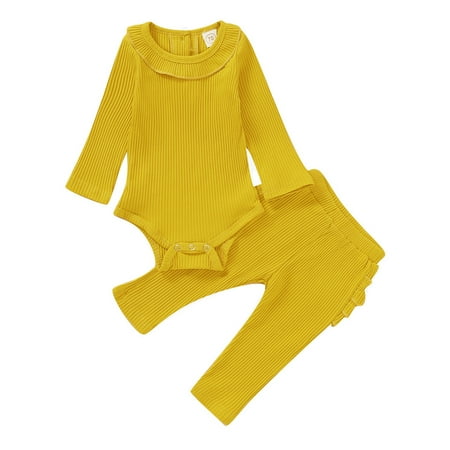 

Fesfesfes Infant Baby Jumpsuit Girls Long Sleeve Solid Romper Bodysuit+Ruffles Pants Outfits Clothes Sale