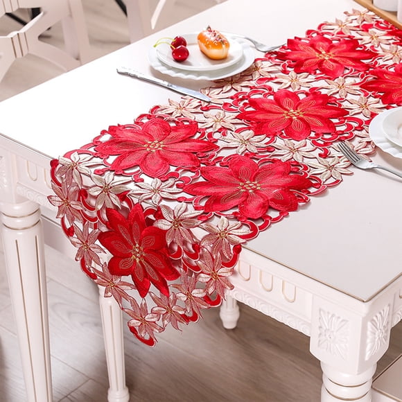 CaiYueKe Christmas Tablecloth Red Polyester Table Cover with Embroidered Lace, Festive Dining Table Decor for Holiday Party Christmas Decoration Supplies