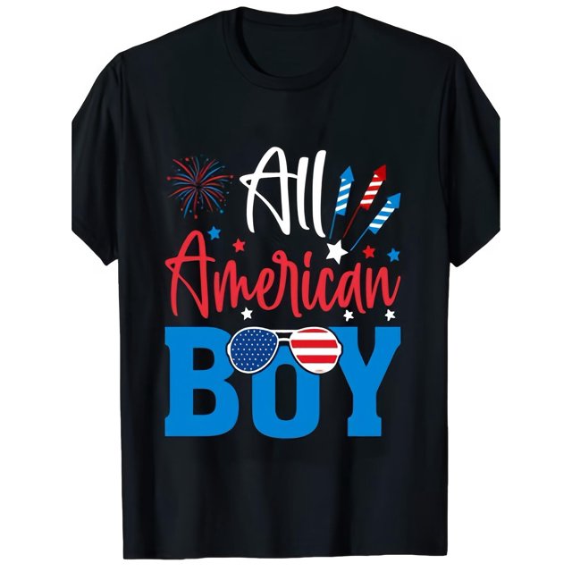 All American Boy 4th of July T-Shirt - 100% Cotton, Crew Neck, Medium Stretch Knit Top with Alphabet Pattern, Regular Fit for Boys & Girls - Spring/Summer Holiday Tee