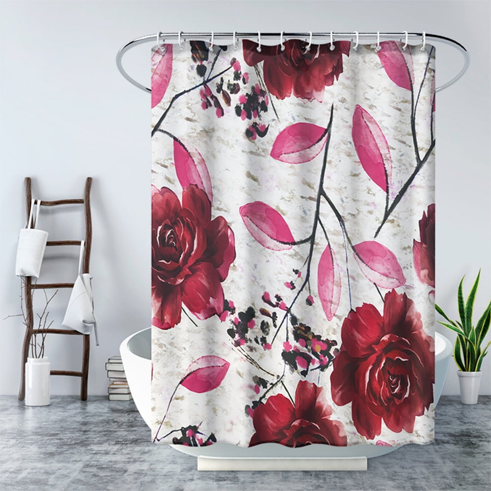 Rose Red Fabric Shower Curtain Set Bathroom Curtains Liner Hook 71X71" Polyester 